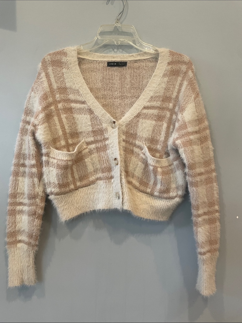 SHEIN Cream and tan Plaid Fuzzy V-Neck Cropped Cardigan super cute